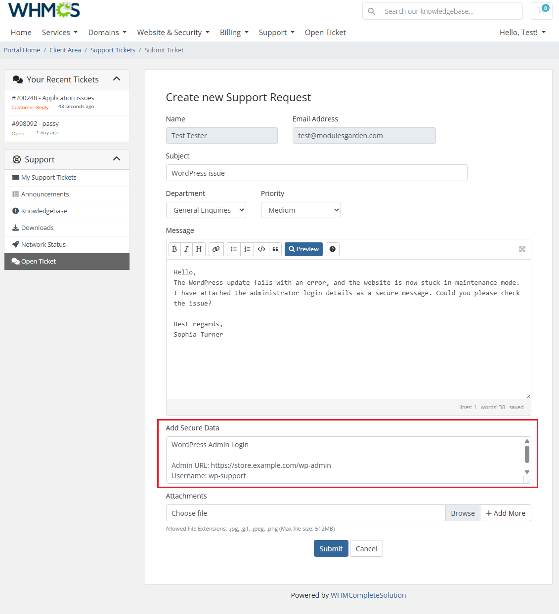 Secure Support Messages For WHMCS: the client area new support request form with the Add Secure Data field highlighted