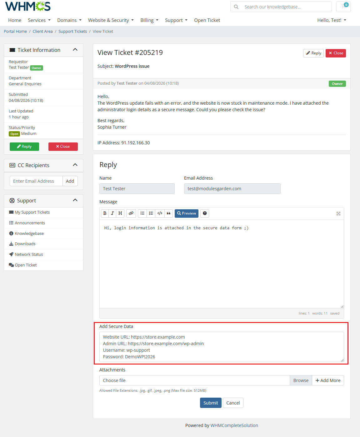 Secure Support Messages For WHMCS: the client area ticket reply form with the Add Secure Data field highlighted