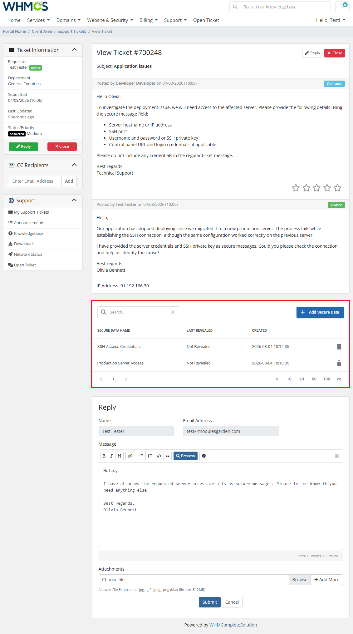 Secure Support Messages For WHMCS: the client area ticket view with the list of secure data entries and no content shown