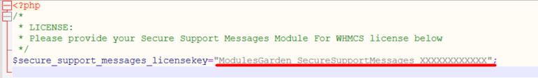 Secure Support Messages For WHMCS: the module license file in a text editor with the license key line