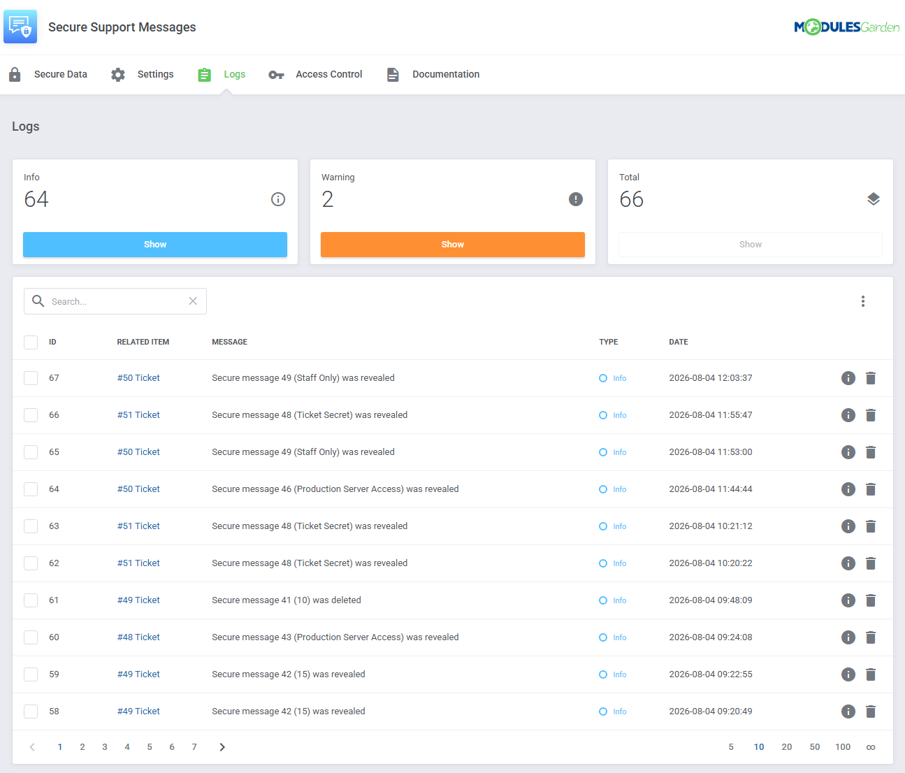 Secure Support Messages For WHMCS: the module Logs tab with info and warning counters and a list of log entries