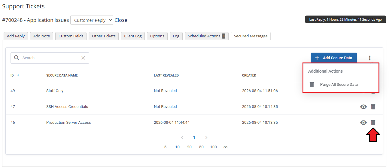 Secure Support Messages For WHMCS: the admin Secured Messages tab with the Additional Actions menu and delete icon