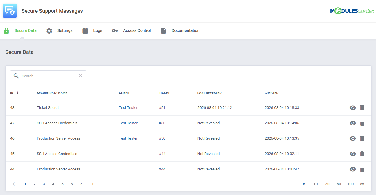 Secure Support Messages For WHMCS: the module Secure Data tab listing entries with the eye and delete icons