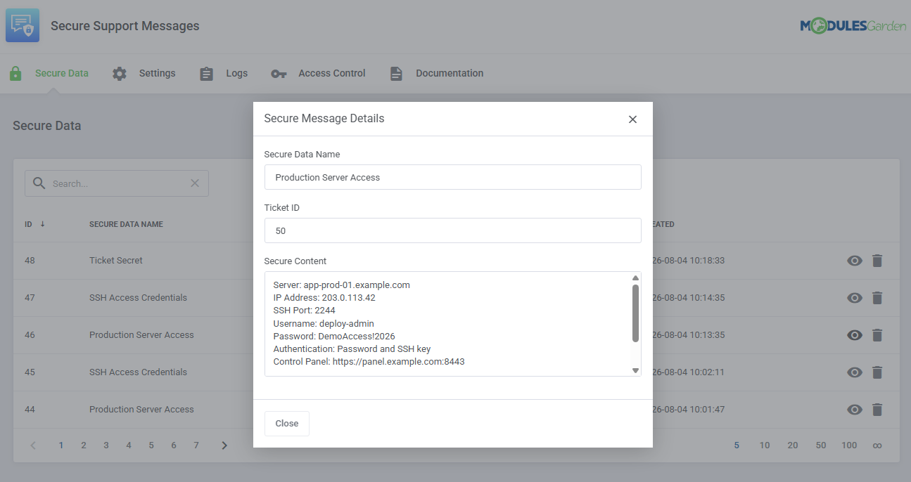 Secure Support Messages For WHMCS: the Secure Message Details dialog showing the revealed secure content