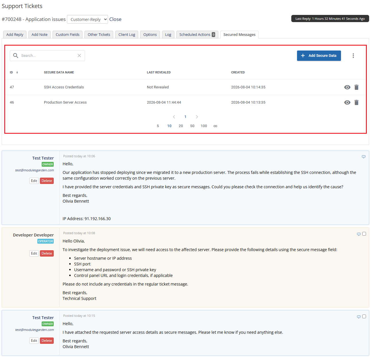 Secure Support Messages For WHMCS: the WHMCS admin ticket view, Secured Messages tab with the list of secure entries