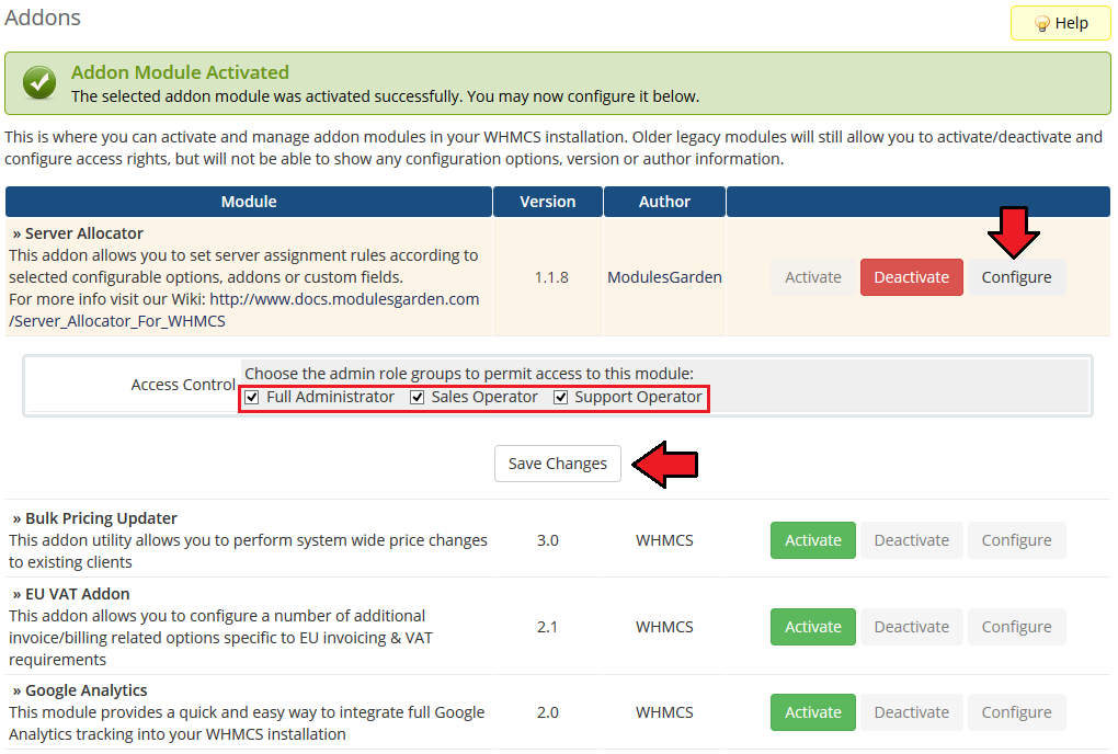 Server Allocator For WHMCS: Addon Modules with Access Control admin role checkboxes and the Save Changes button