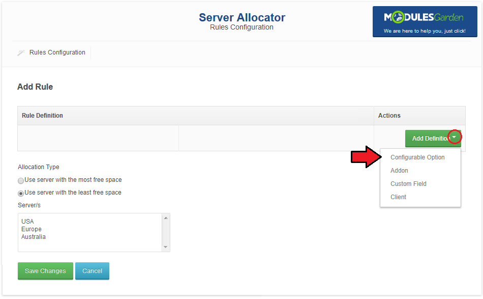 Server Allocator For WHMCS: Add Rule page with the Add Definition menu: Configurable Option, Addon, Custom Field, Client