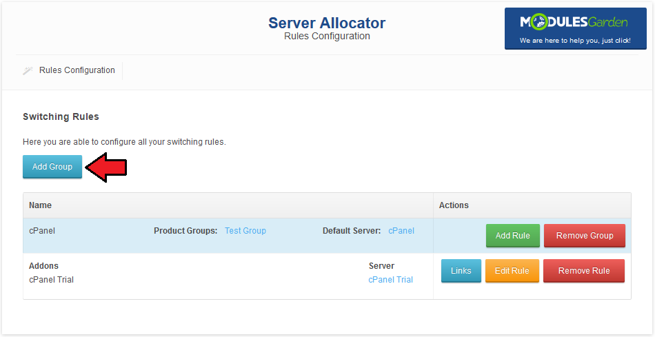 Server Allocator For WHMCS: Switching Rules page with the Add Group button highlighted