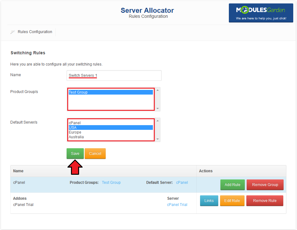 Server Allocator For WHMCS: Add Group form with name, product groups, default servers and the Save button