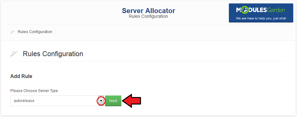 Server Allocator For WHMCS: Add Rule page with the server type drop-down set to autorelease and the Next button