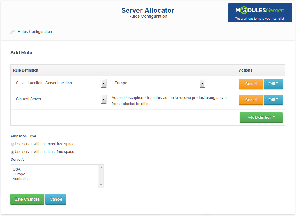 Server Allocator For WHMCS: Add Rule page with a second definition using the Closest Server product addon