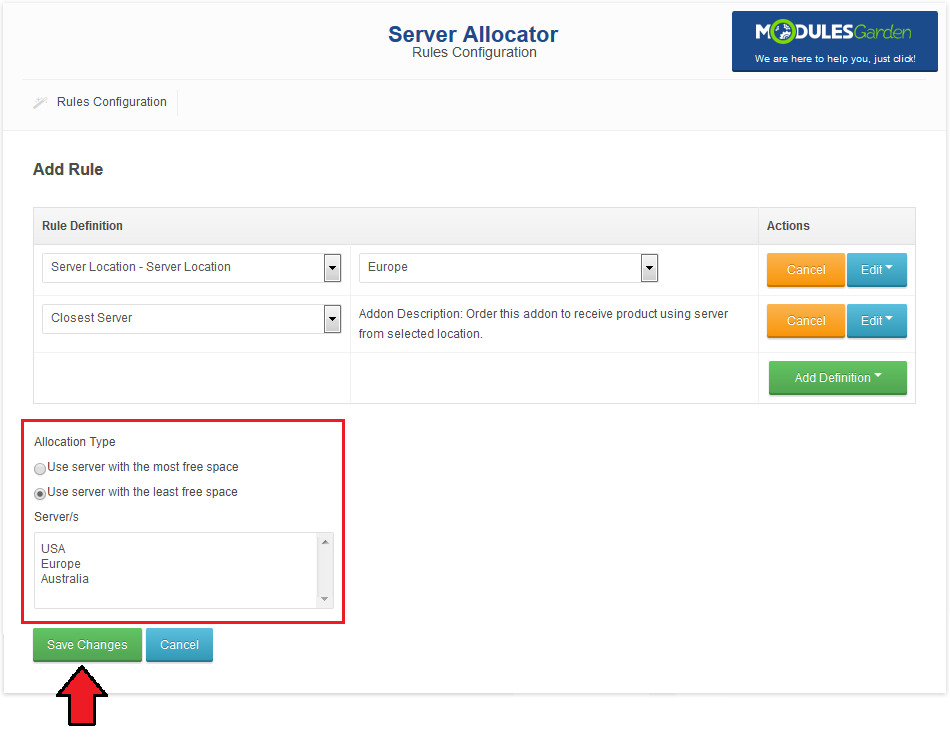 Server Allocator For WHMCS: Add Rule page with Allocation Type, Server list and the Save Changes button marked