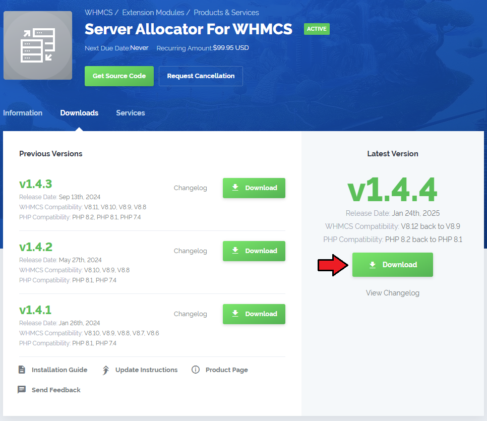 Server Allocator For WHMCS: client area Downloads tab with the Download button for the latest version