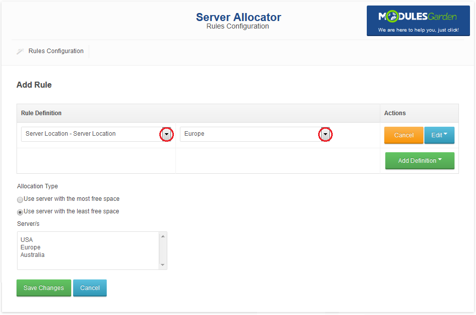 Server Allocator For WHMCS: Add Rule page with a Server Location configurable option definition set to Europe