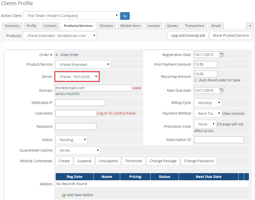Server Allocator For WHMCS: admin Clients Profile with the Server field showing the default cPanel - 99.9 server