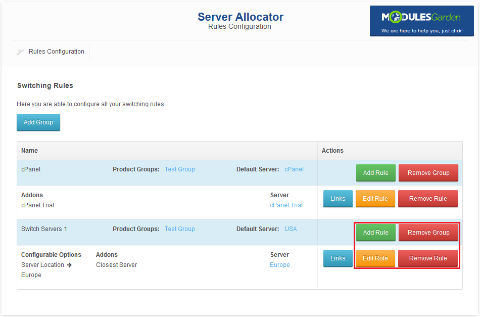 Server Allocator For WHMCS: Switching Rules table with Add Rule, Remove Group, Edit Rule and Remove Rule buttons marked