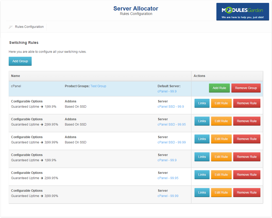 Server Allocator For WHMCS: Switching Rules table with rules for Guaranteed Uptime options, Based On SSD addon and