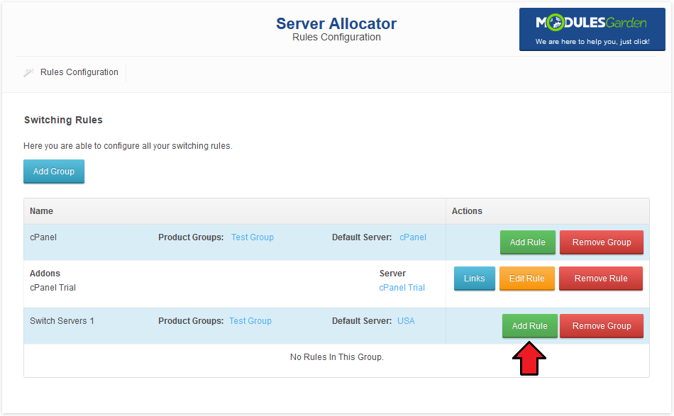 Server Allocator For WHMCS: Switching Rules table with the new Switch Servers 1 group and its Add Rule button