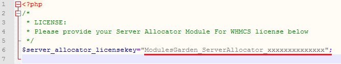 Server Allocator For WHMCS: license.php in a code editor with the license key between quotation marks