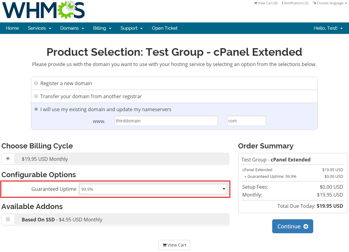Server Allocator For WHMCS: client area order form with default Guaranteed Uptime 99.9% and no Based On SSD addon