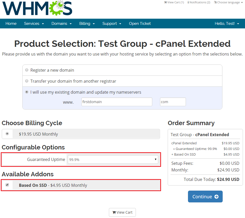 Server Allocator For WHMCS: client area order form with Guaranteed Uptime 99.9% and Based On SSD addon selected