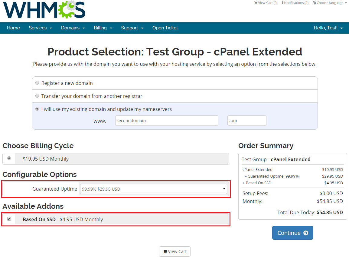 Server Allocator For WHMCS: client area order form with Guaranteed Uptime 99.99% and Based On SSD addon selected
