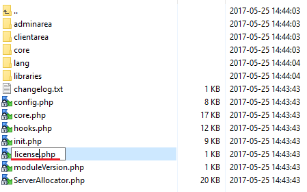 Server Allocator For WHMCS: file manager with licenseRENAME.php being renamed to license.php