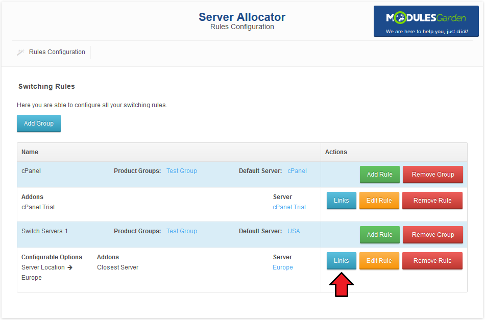 Server Allocator For WHMCS: Switching Rules table with the Links button highlighted next to the rule