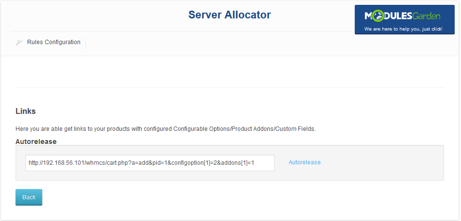 Server Allocator For WHMCS: Links page listing an order form URL with configurable option and addon parameters