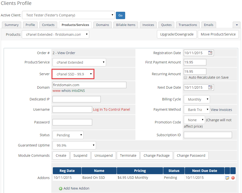 Server Allocator For WHMCS: admin Clients Profile with the Server field showing cPanel SSD - 99.9 after the switch