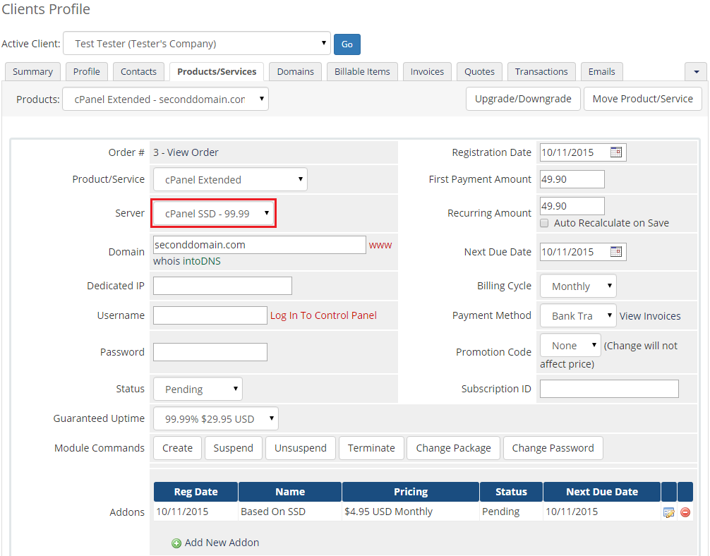 Server Allocator For WHMCS: admin Clients Profile with the Server field showing cPanel SSD - 99.99 after the switch