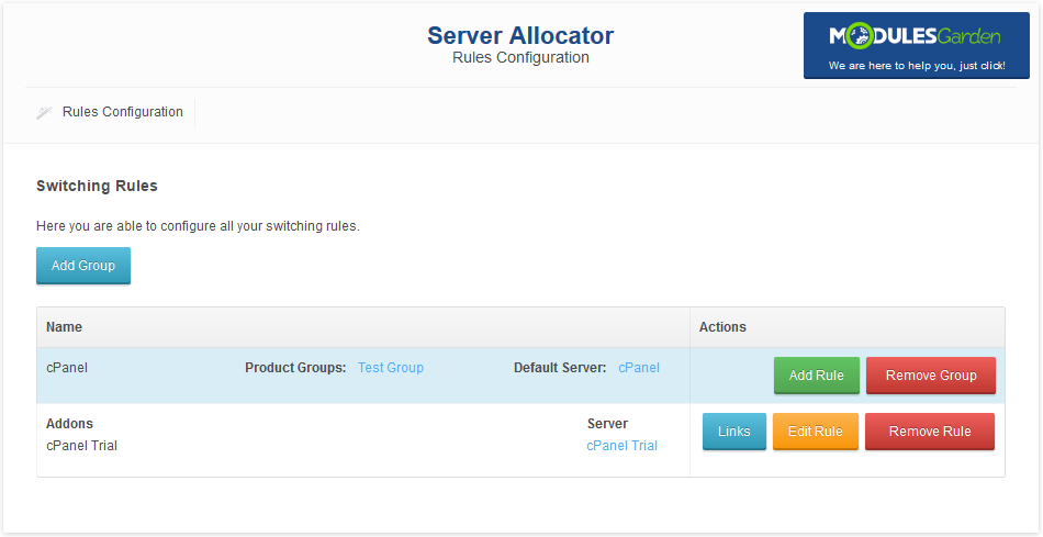Server Allocator For WHMCS: Rules Configuration page with the Switching Rules list, a group and a rule