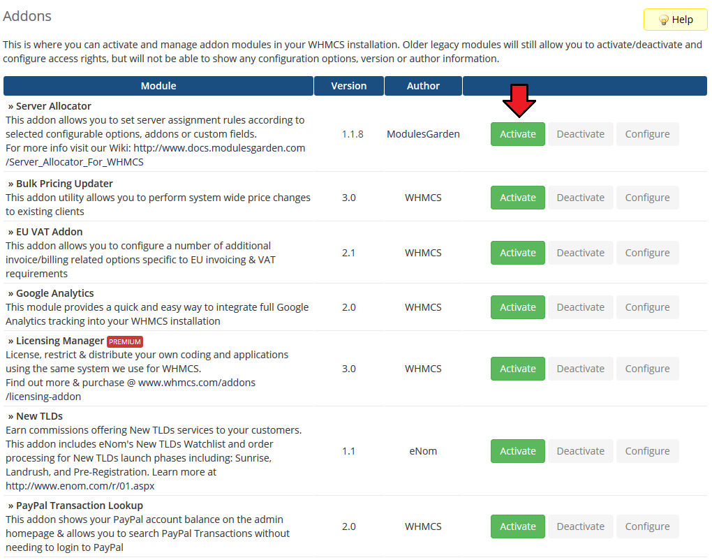 Server Allocator For WHMCS: WHMCS Addon Modules list with the Activate button next to Server Allocator