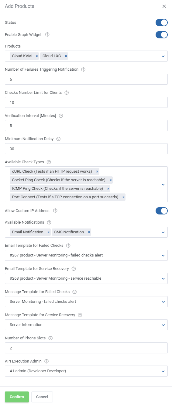 Server Monitoring For WHMCS: Add Products form with status, check types, notification templates and API execution admin