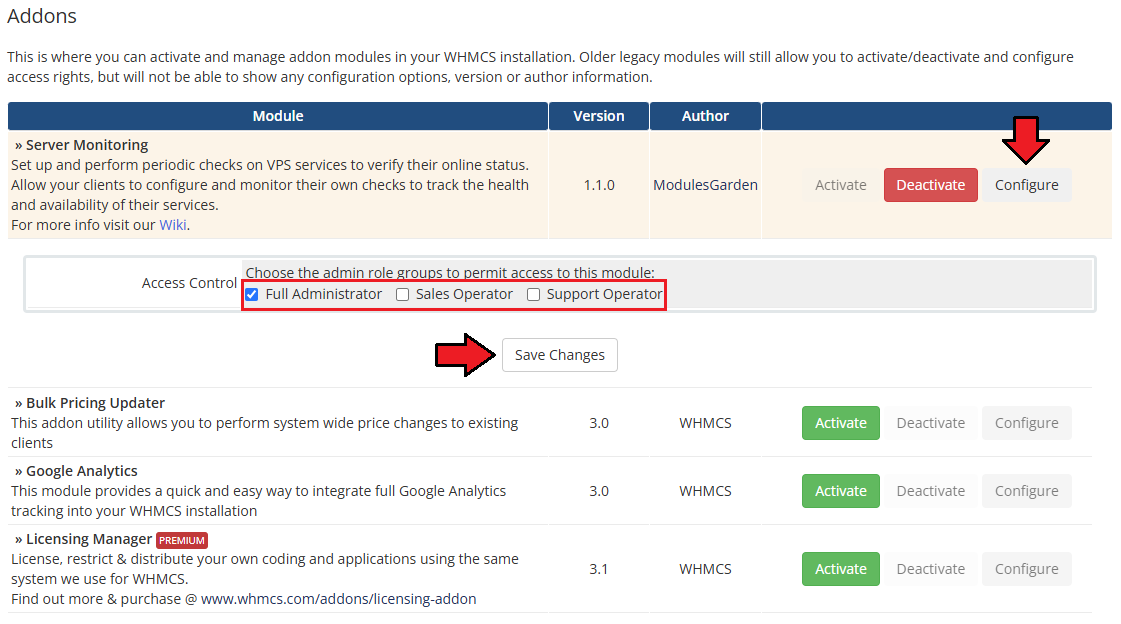 Server Monitoring For WHMCS: WHMCS Addons access control with Full Administrator ticked and the Save Changes button