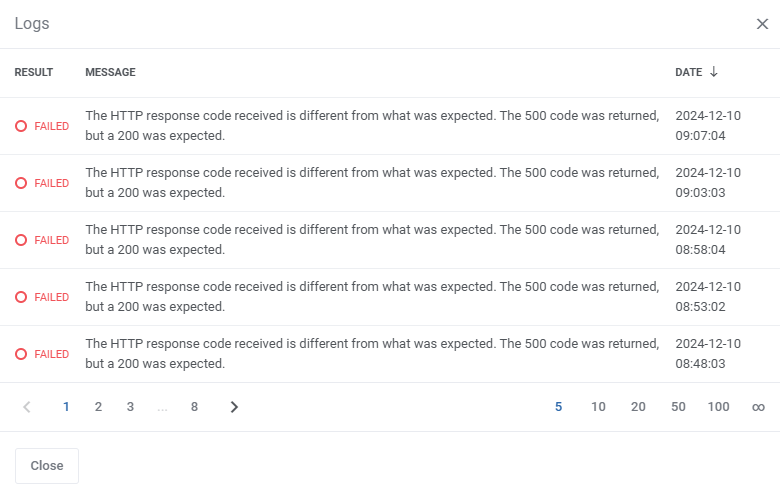 Server Monitoring For WHMCS: check Logs window listing failed results with HTTP response code messages and dates