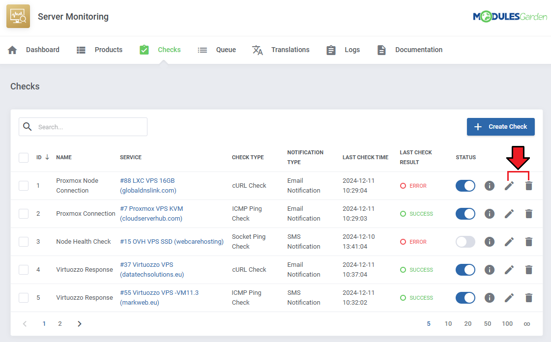 Server Monitoring For WHMCS: module Checks list with the edit and delete action buttons marked