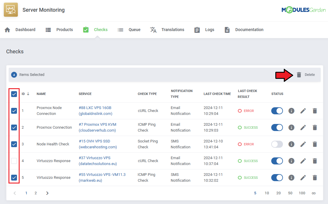 Server Monitoring For WHMCS: module Checks list with selected rows and the mass Delete button