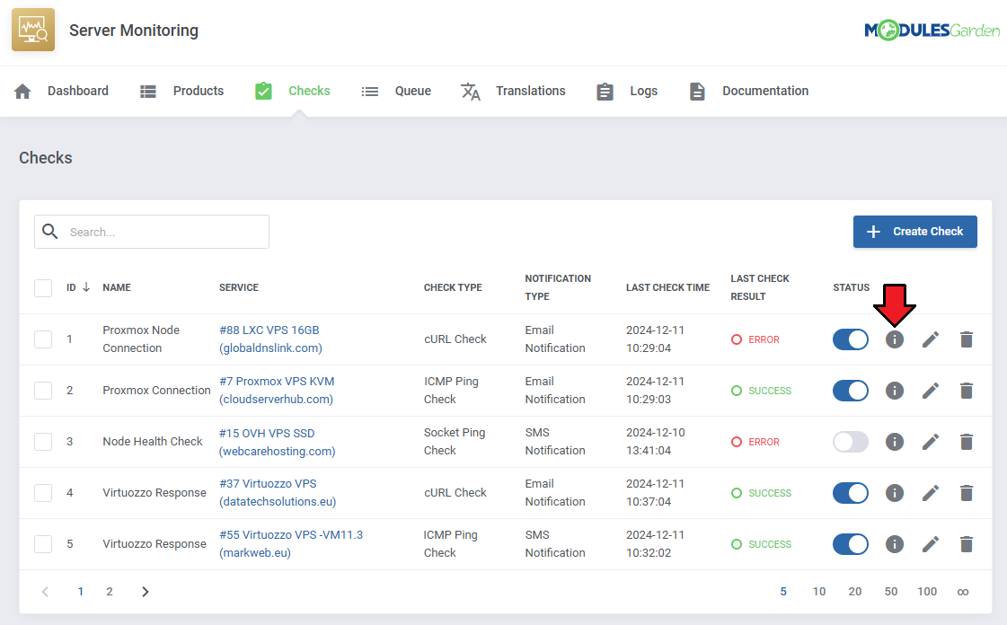 Server Monitoring For WHMCS: module Checks list with the info button that opens the logs of a check