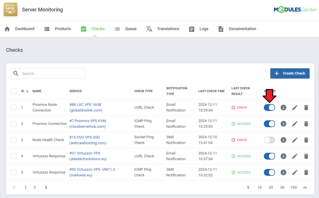 Server Monitoring For WHMCS: module Checks list with the Status toggle of a check marked