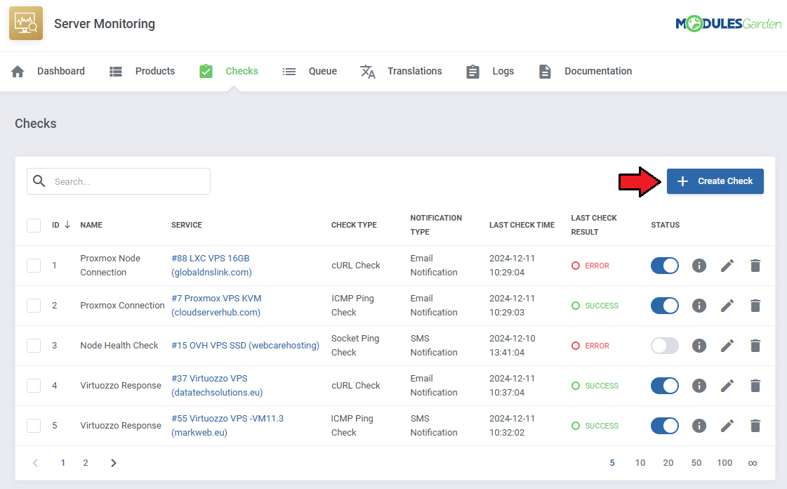 Server Monitoring For WHMCS: module Checks tab with the list of checks and the Create Check button