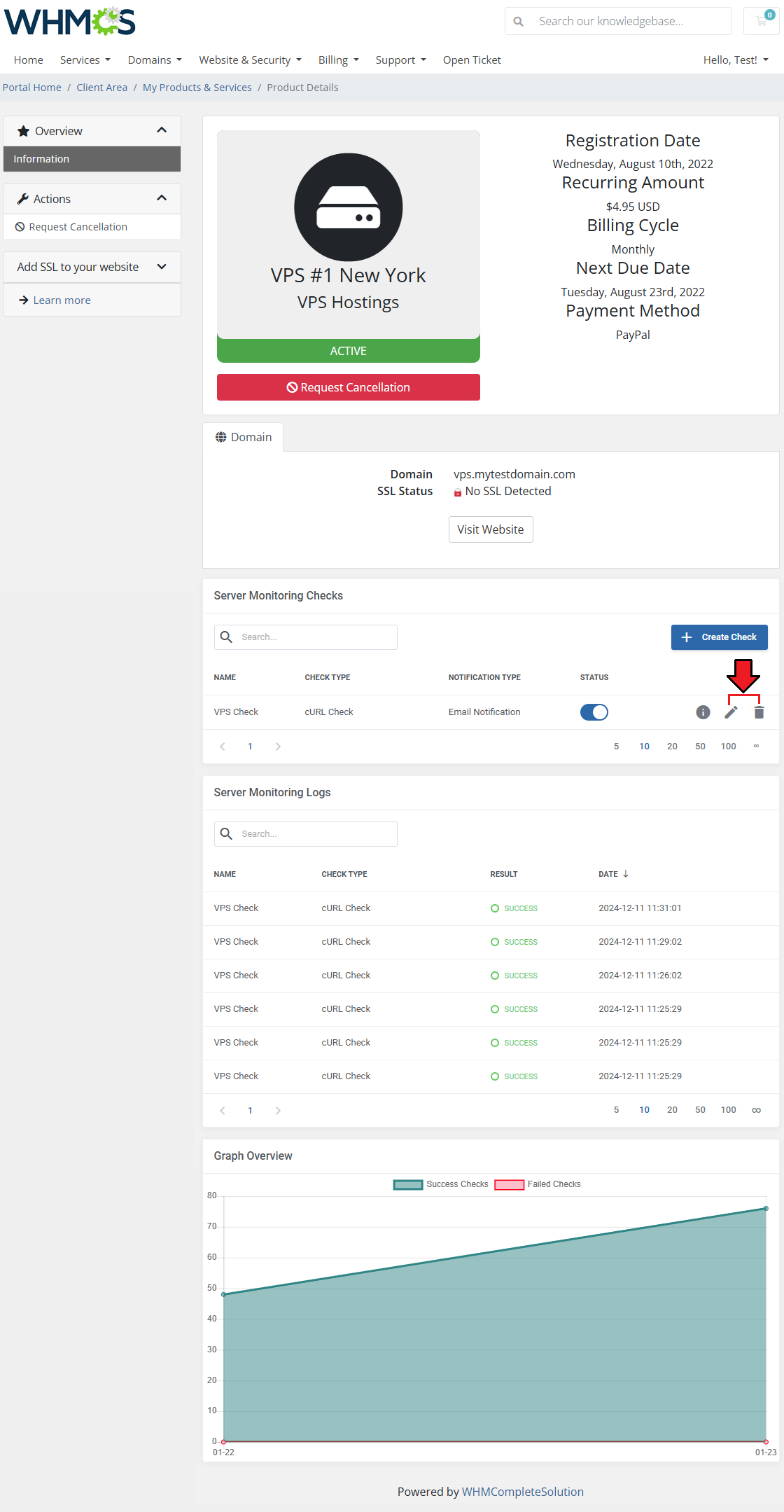 Server Monitoring For WHMCS: client area product page with the edit and delete buttons of a check marked
