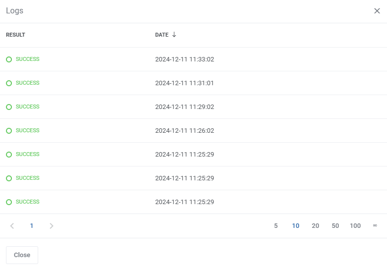 Server Monitoring For WHMCS: client area Logs window with success results and dates for the selected check
