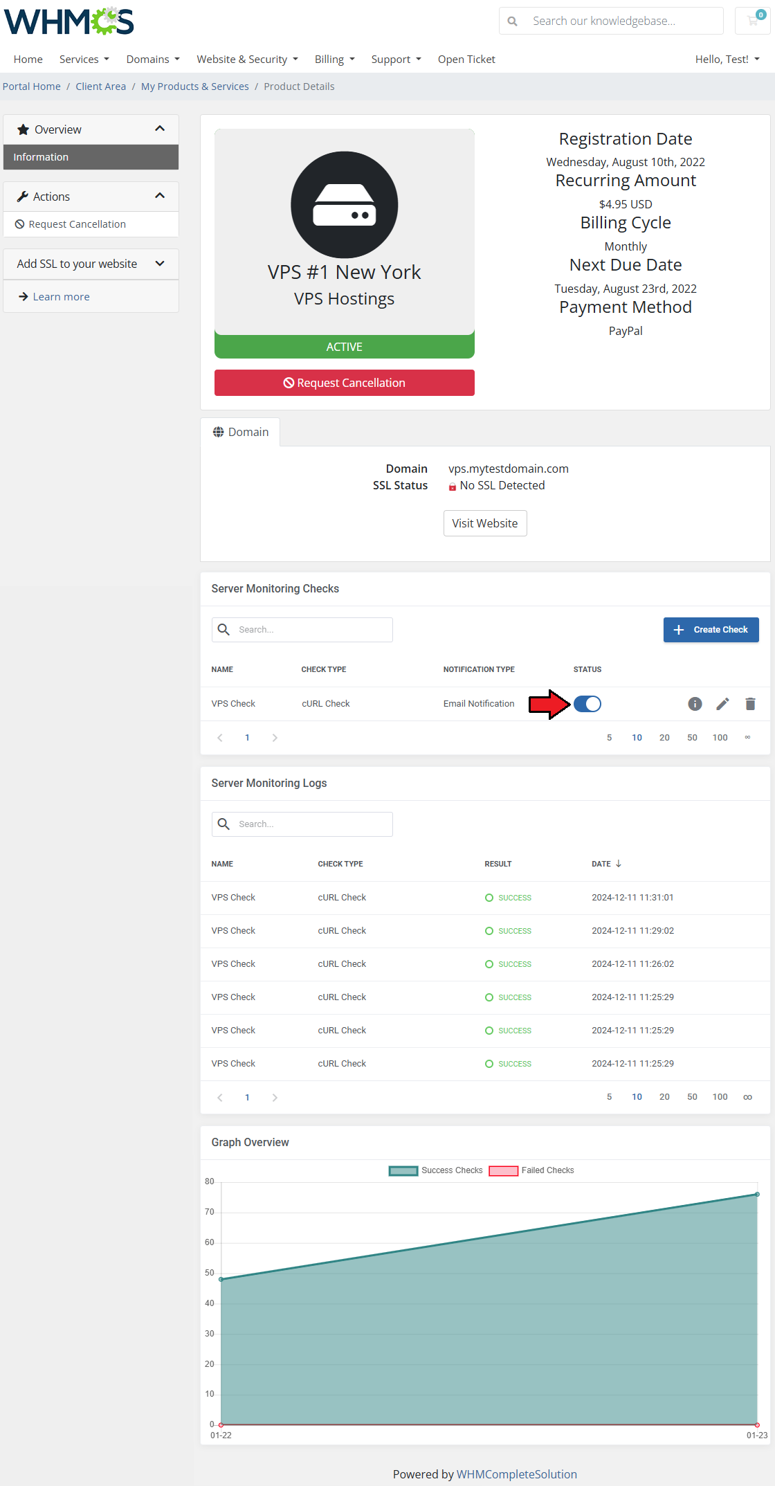 Server Monitoring For WHMCS: client area product page with the Status toggle of a check in the checks table marked