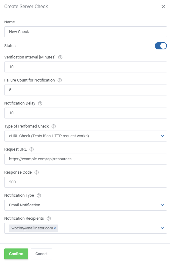 Server Monitoring For WHMCS: client area Create Server Check form with cURL request URL, response code and email