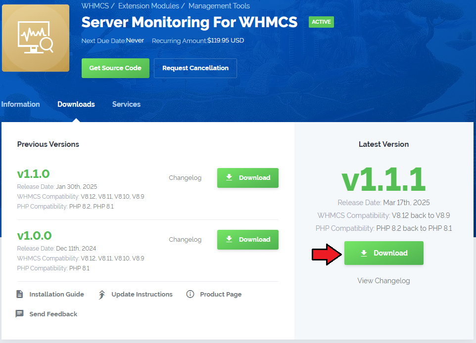 Server Monitoring For WHMCS: the ModulesGarden client area Downloads tab with the Download button for the latest version