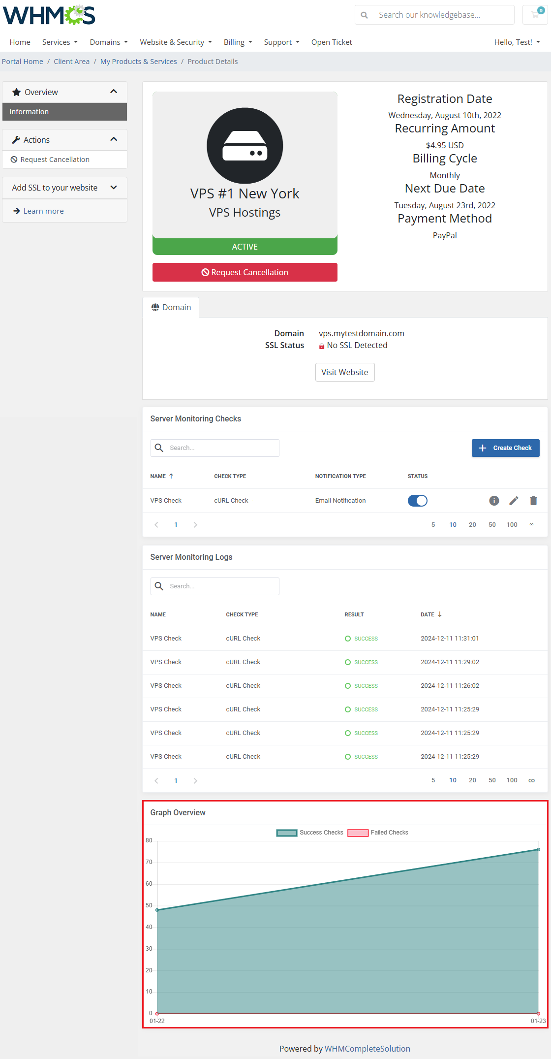 Server Monitoring For WHMCS: client area product page with the Graph Overview chart of check results highlighted
