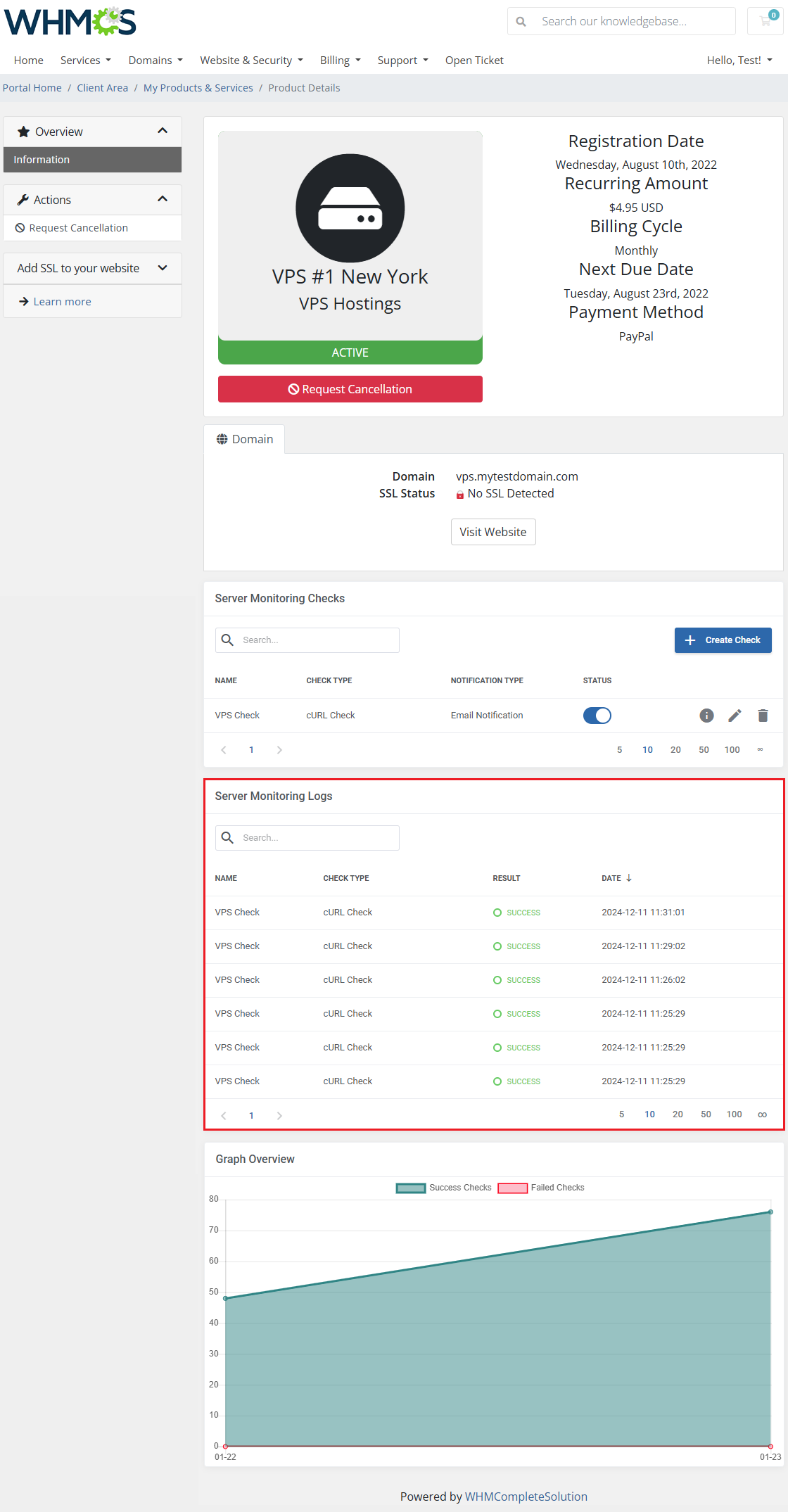Server Monitoring For WHMCS: client area product page with the Server Monitoring Logs table highlighted
