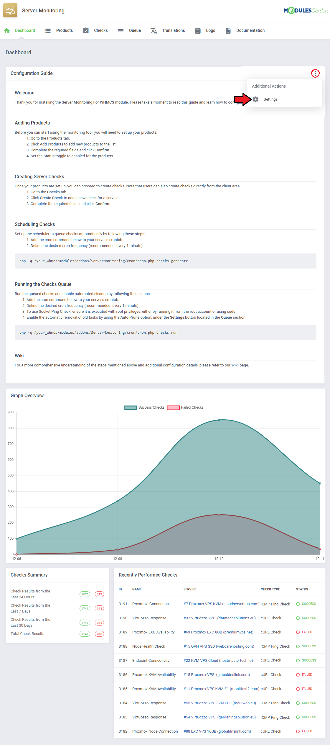 Server Monitoring For WHMCS: module dashboard with the Additional Actions menu and the Settings option of the guide