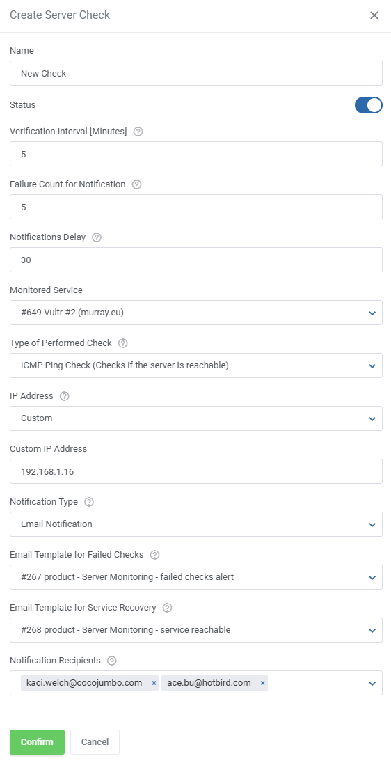 Server Monitoring For WHMCS: Create Server Check form with ICMP ping type, custom IP address and email recipients